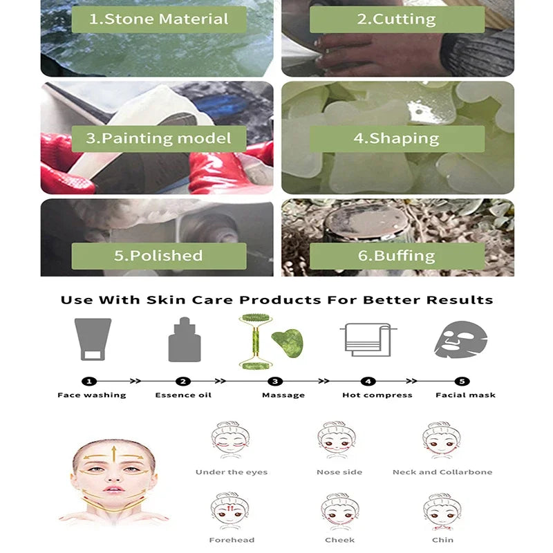 Guasha Natural Stone Face Roller & Jade Roller Gua Sha Massage Tool Set for SPA and Body Care