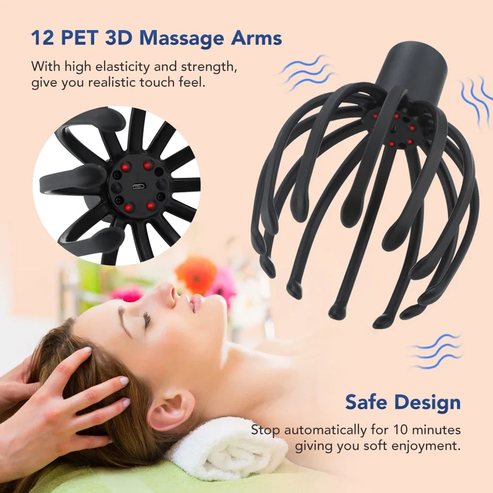 Electric Octopus Head Massager – Hands-Free Vibrating Scalp Massager with LED Red Light & 3-Level Head Scratcher