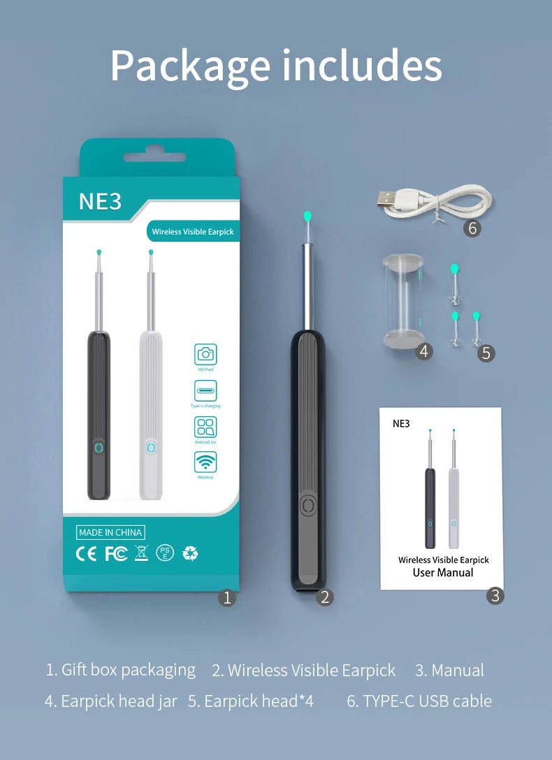 Smart Visual Ear Cleaner with HD Camera | Wireless Otoscope Ear Cleaning Stick USB-C Charging Earpick Tool Set