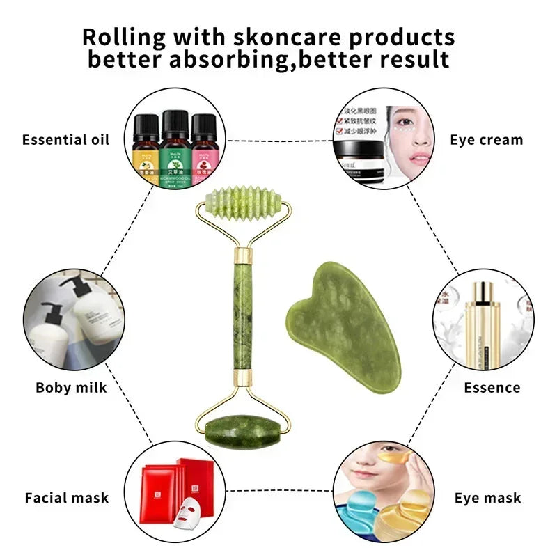 Guasha Natural Stone Face Roller & Jade Roller Gua Sha Massage Tool Set for SPA and Body Care