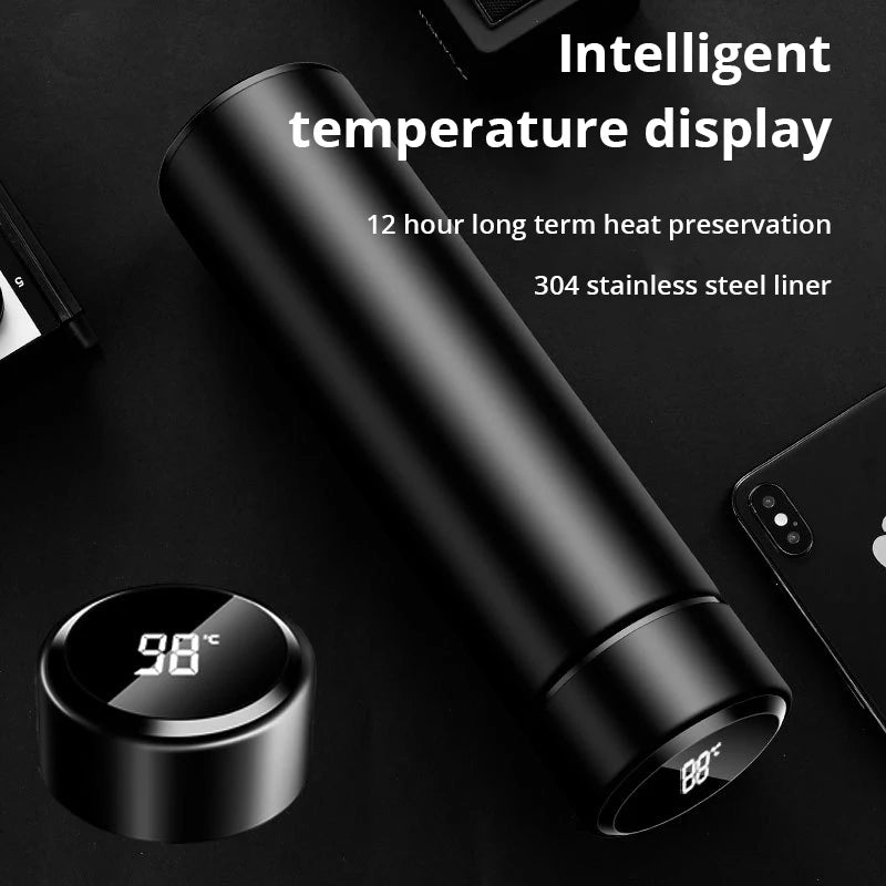 1pc 500ml Black Stainless Steel Smart Thermos Bottle – Temperature Display Water Bottle Portable Thermal Mug for Men & Women Business Gift