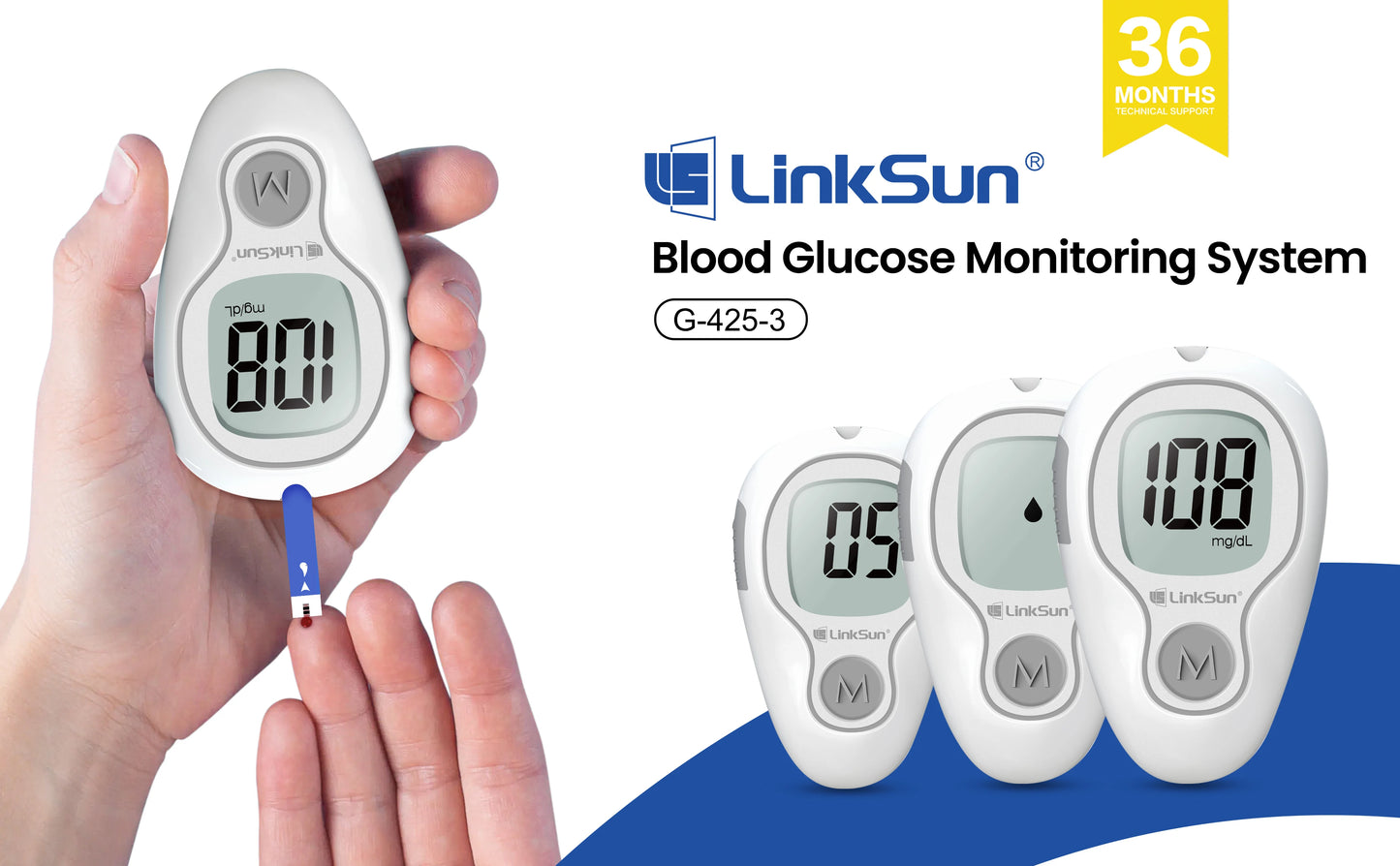 LinkSun G-425-3 Blood Glucose Meter with 10/50/100pcs Test Strips | Medical Diabetes Glucosemeter & Blood Sugar Monitor Kit