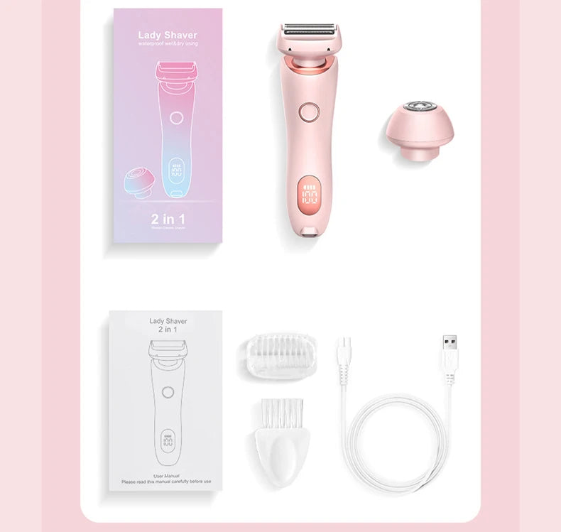 Electric Razor for Women 2-in-1 Bikini Trimmer Facial Shaver – IPX7 Waterproof Ladies Electric Shaver for Underarms, Legs & Body Hair Removal