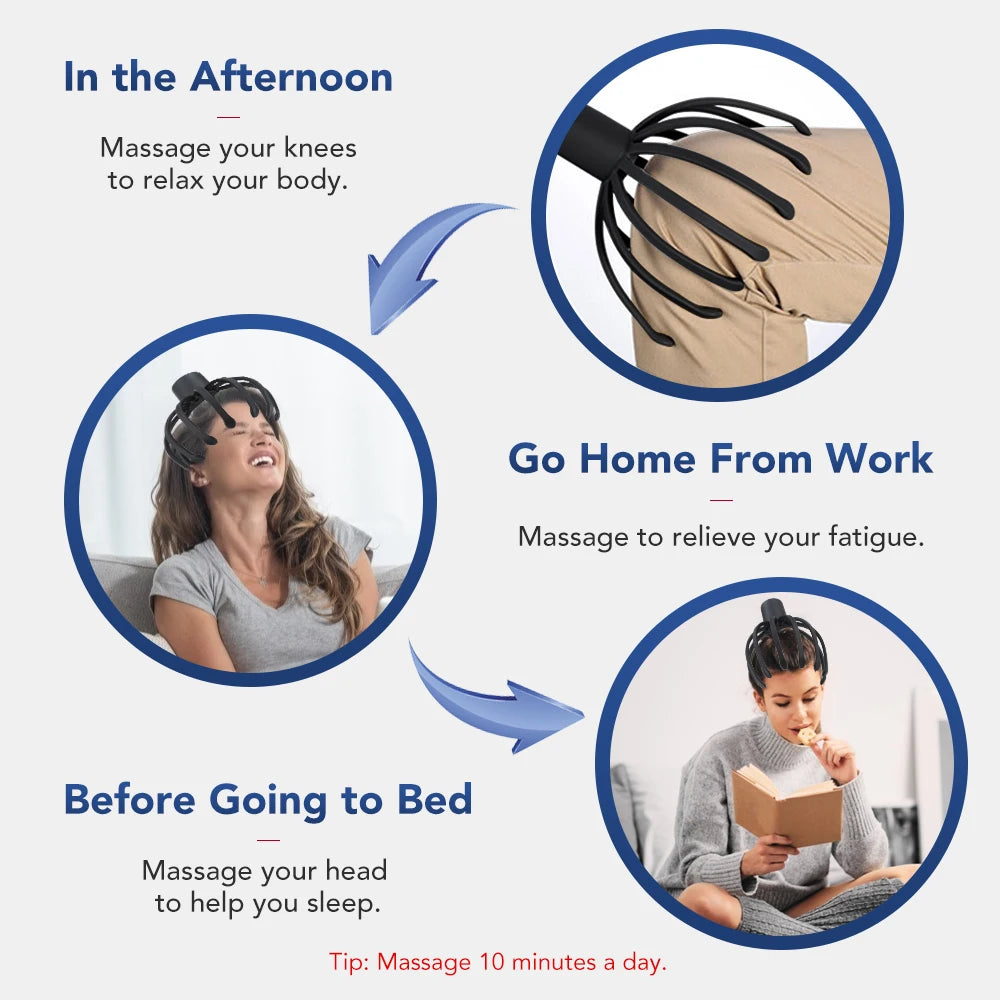 Electric Octopus Head Massager – Hands-Free Vibrating Scalp Massager with LED Red Light & 3-Level Head Scratcher