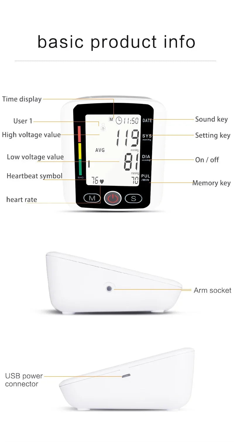 Portable Tonometer & Digital Tensiometer | Automatic Arm BP Monitor with Heart Rate Sensor