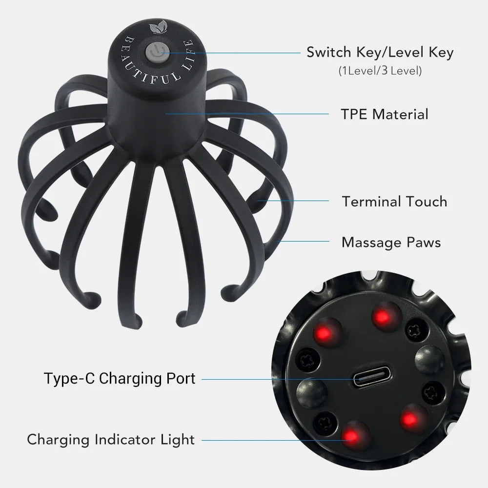 Electric Octopus Head Massager – Hands-Free Vibrating Scalp Massager with LED Red Light & 3-Level Head Scratcher