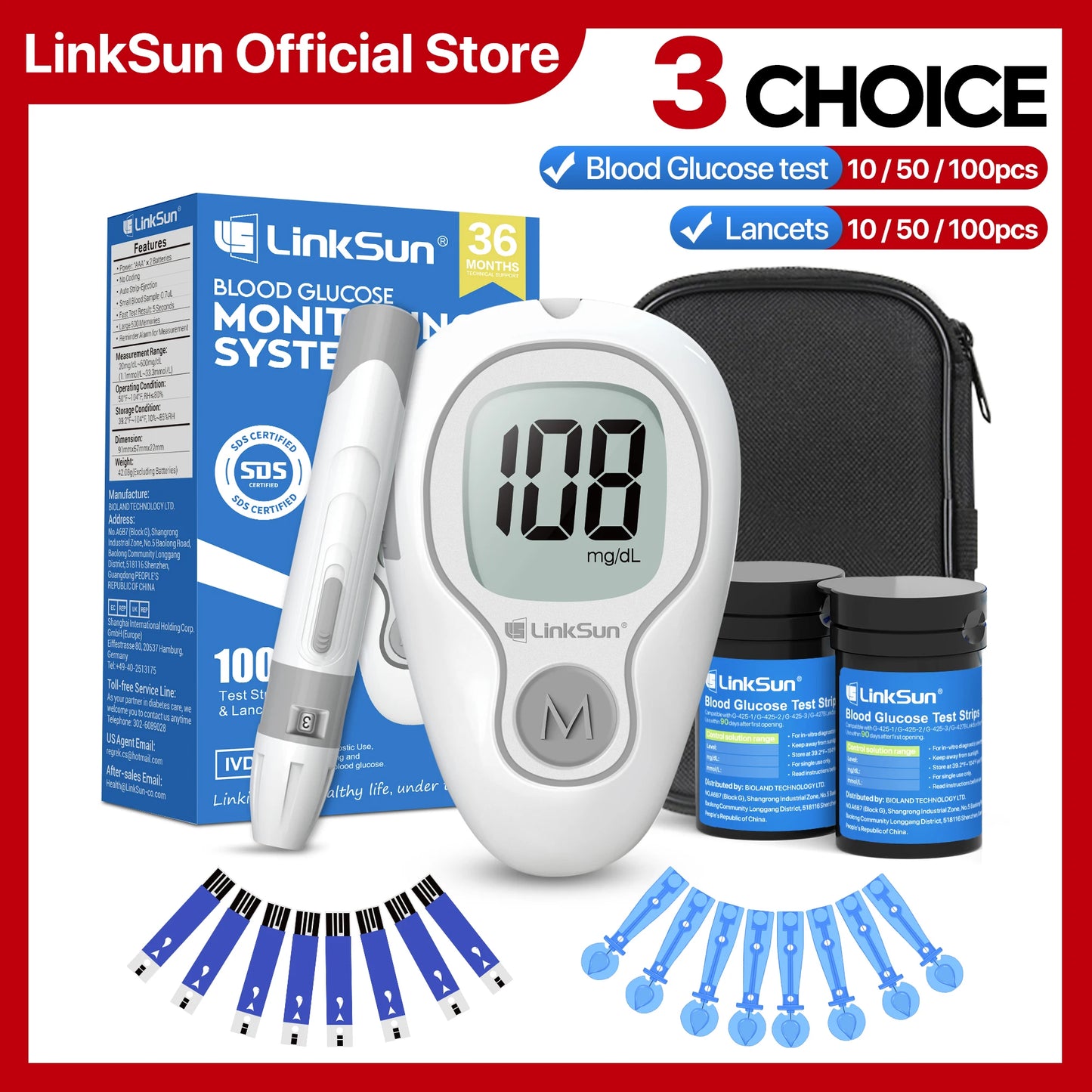 LinkSun G-425-3 Blood Glucose Meter with 10/50/100pcs Test Strips | Medical Diabetes Glucosemeter & Blood Sugar Monitor Kit