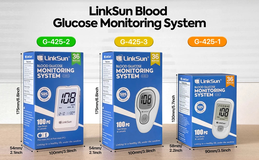 LinkSun G-425-3 Blood Glucose Meter with 10/50/100pcs Test Strips | Medical Diabetes Glucosemeter & Blood Sugar Monitor Kit