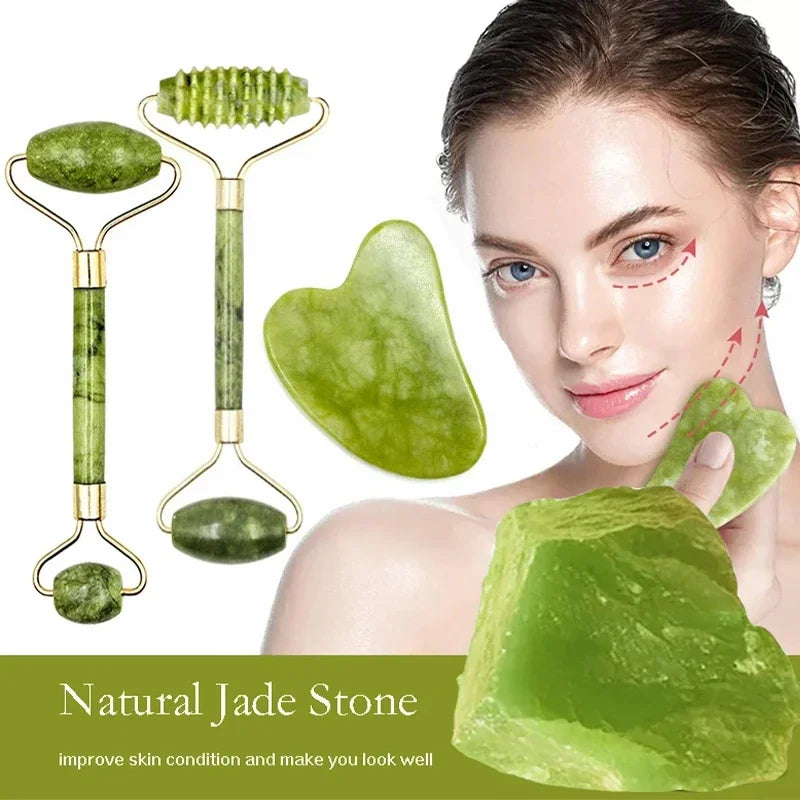 Guasha Natural Stone Face Roller & Jade Roller Gua Sha Massage Tool Set for SPA and Body Care