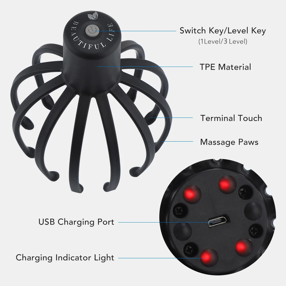Electric Octopus Head Massager – Hands-Free Vibrating Scalp Massager with LED Red Light & 3-Level Head Scratcher