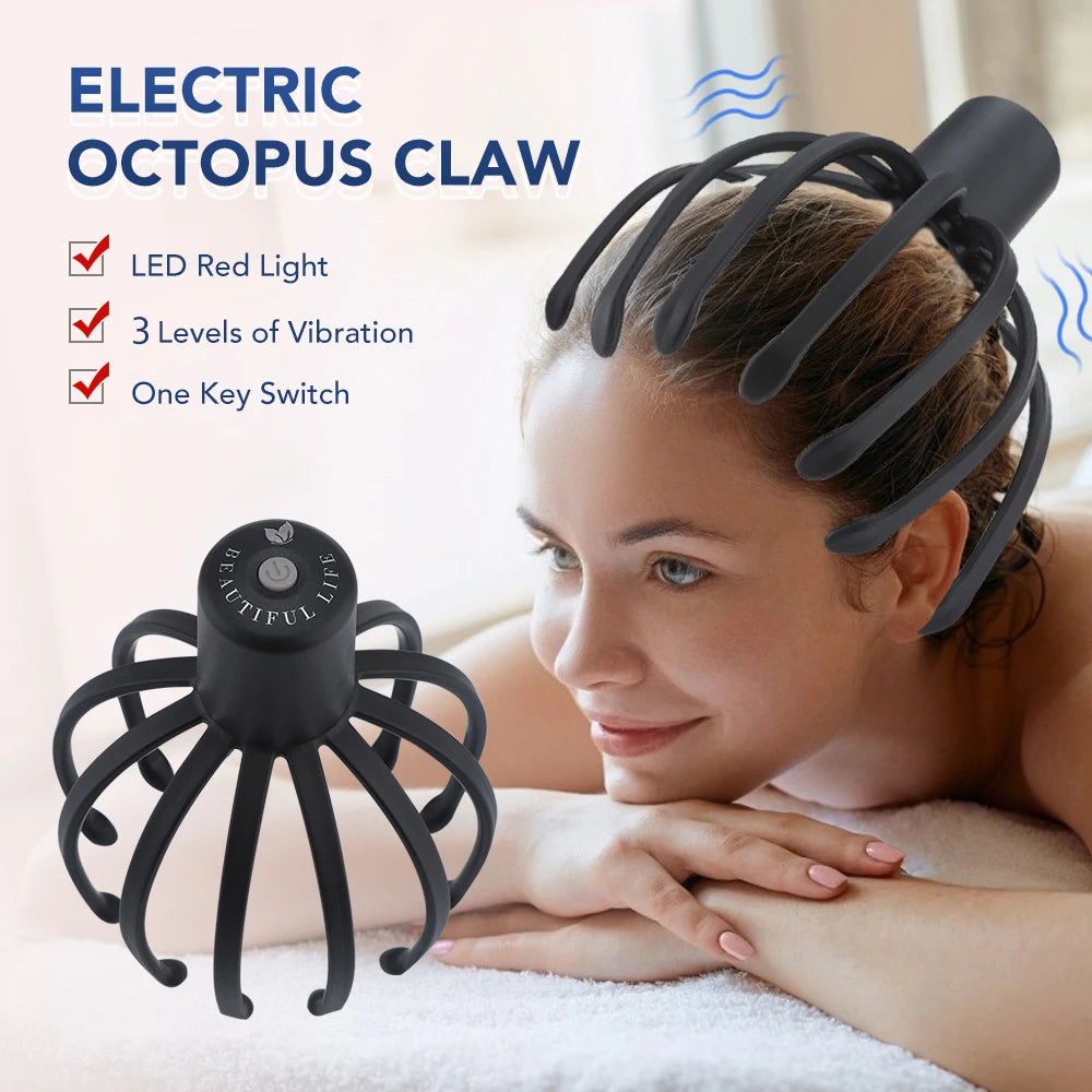 Electric Octopus Head Massager – Hands-Free Vibrating Scalp Massager with LED Red Light & 3-Level Head Scratcher