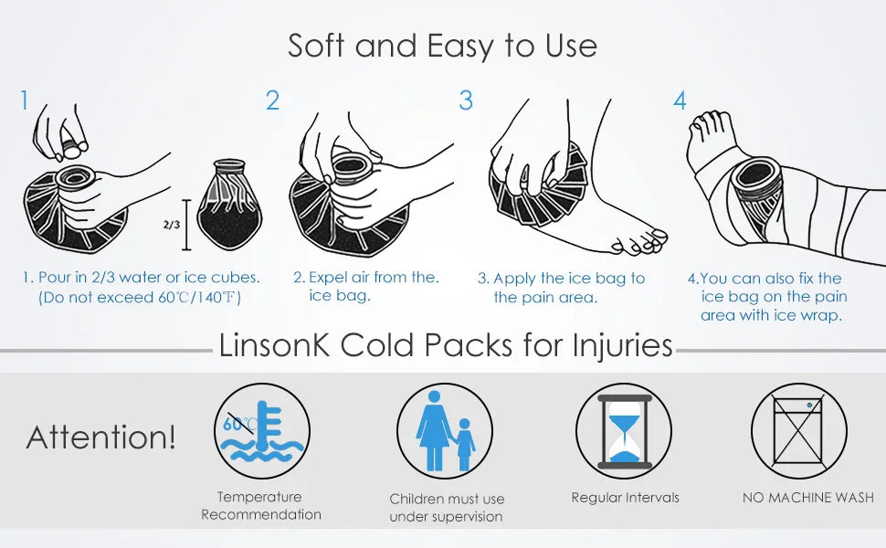 Reusable Ice Pack & Hot Water Compress Bag for Knee, Injuries, Headaches, Kids & Adults
