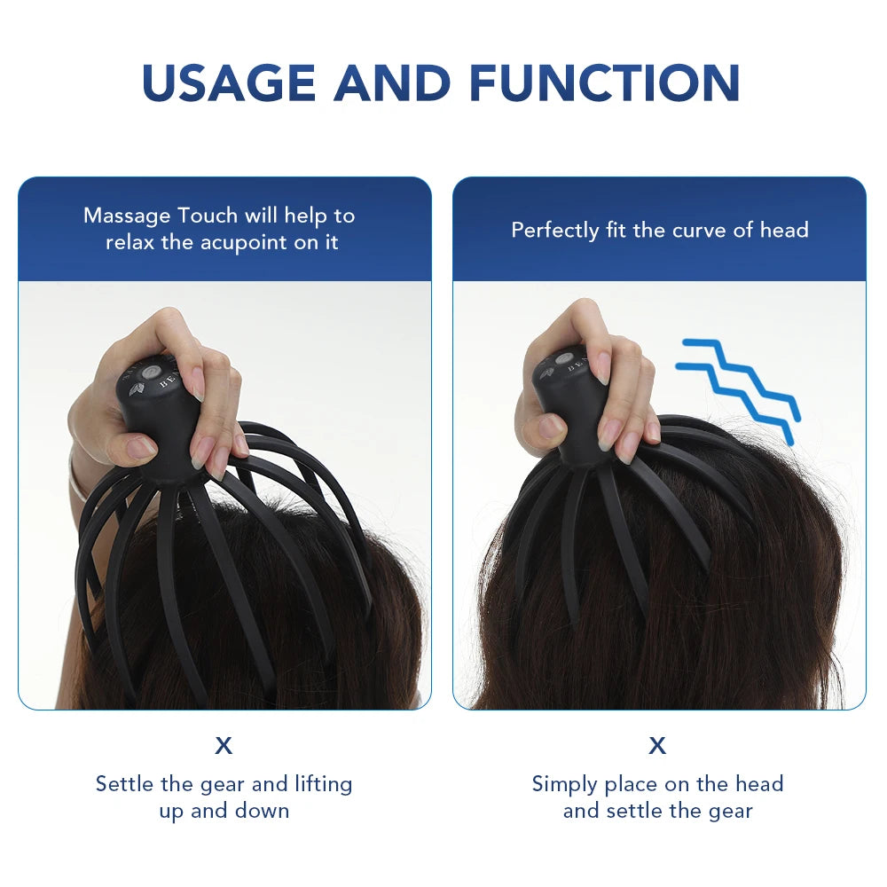 Electric Octopus Head Massager – Hands-Free Vibrating Scalp Massager with LED Red Light & 3-Level Head Scratcher