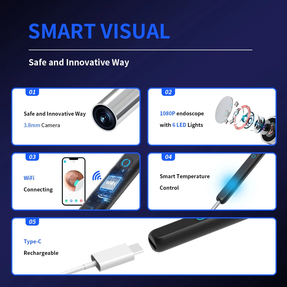 Smart Visual Ear Cleaner with HD Camera | Wireless Otoscope Ear Cleaning Stick USB-C Charging Earpick Tool Set