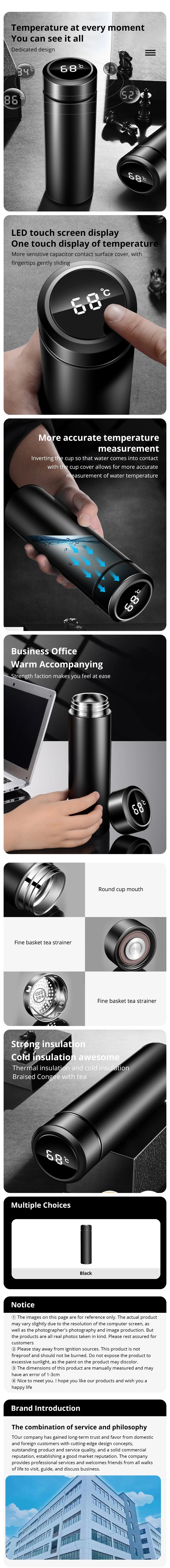 1pc 500ml Black Stainless Steel Smart Thermos Bottle – Temperature Display Water Bottle Portable Thermal Mug for Men & Women Business Gift