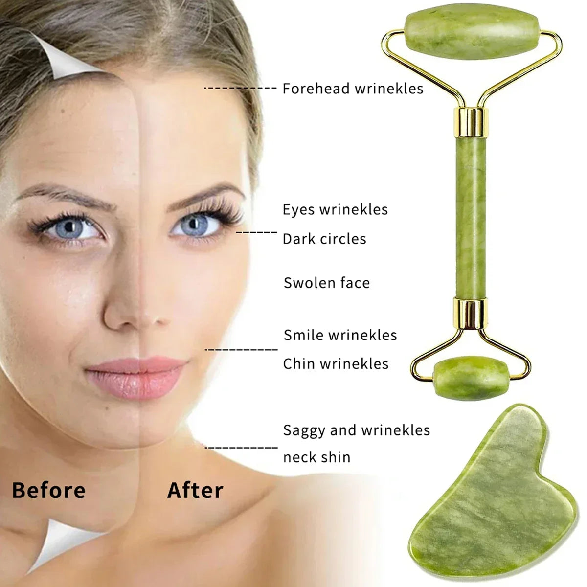Guasha Natural Stone Face Roller & Jade Roller Gua Sha Massage Tool Set for SPA and Body Care