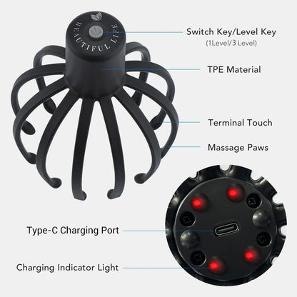 Electric Octopus Head Massager – Hands-Free Vibrating Scalp Massager with LED Red Light & 3-Level Head Scratcher