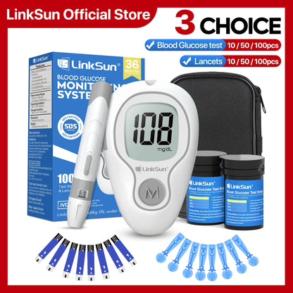 LinkSun G-425-3 Blood Glucose Meter with 10/50/100pcs Test Strips | Medical Diabetes Glucosemeter & Blood Sugar Monitor Kit